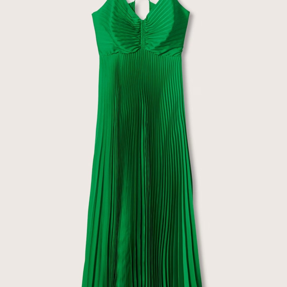 Mango V Neck Green Pleated Maxi Dress